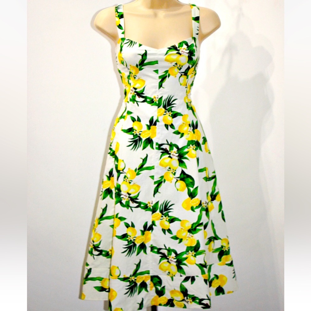 New Avec Les Filles Lemon Print Pockets Cotton-Blend Sweetheart Midi Dress - Picture 6 of 11